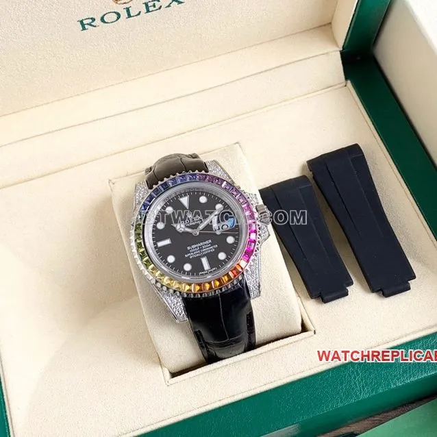 Rolex Submariner black dial rainbow diamond bezelleather strap bracelet live photos