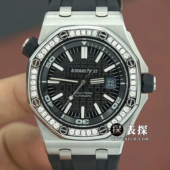JF Offshore Audemars Piguet1:1replica watch black dial diamond leather strap model 15703ST.OO.A002CA.01 overall live photos
