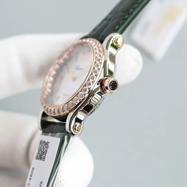 top-tier watch Chopard women's white dial green strap happy diamond HAPPY DIAMONDS series leather strap mechanical watch clasp picture
