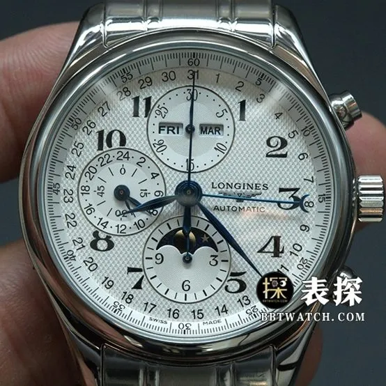 GS factory Longines famous eight-pin moon phasetop-tier watch white dial blue needle steel bracelet model pictures and prices clasplive photos