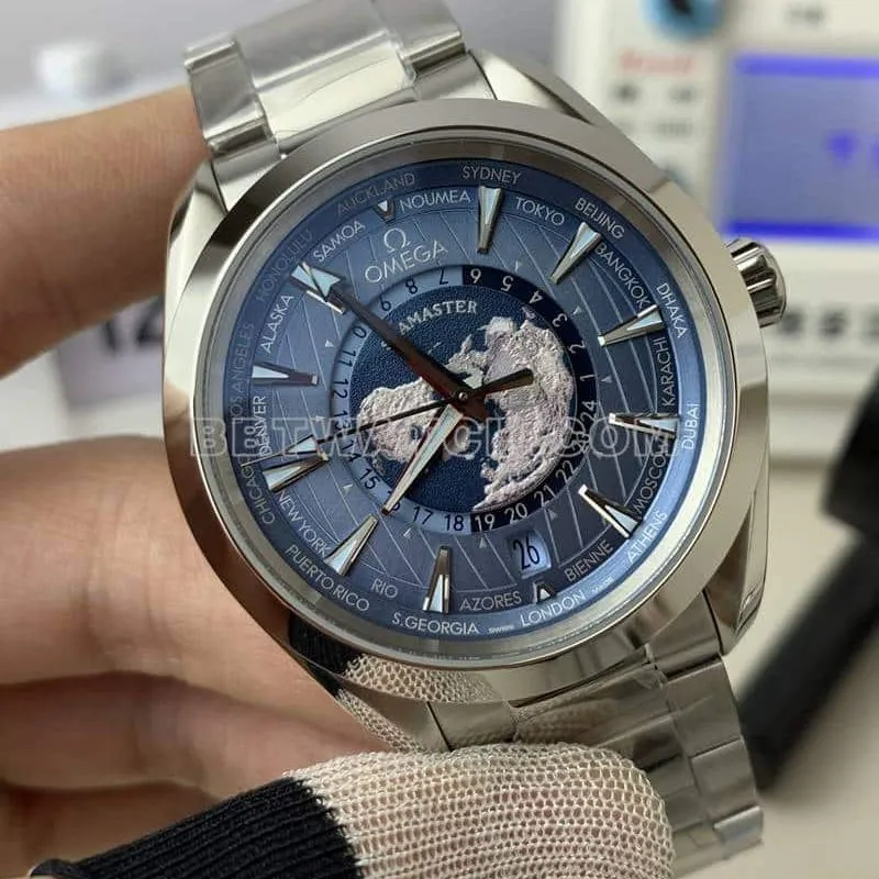 VS Omega Seamaster super A imitation blue plate world time 220.10.43 front real picture