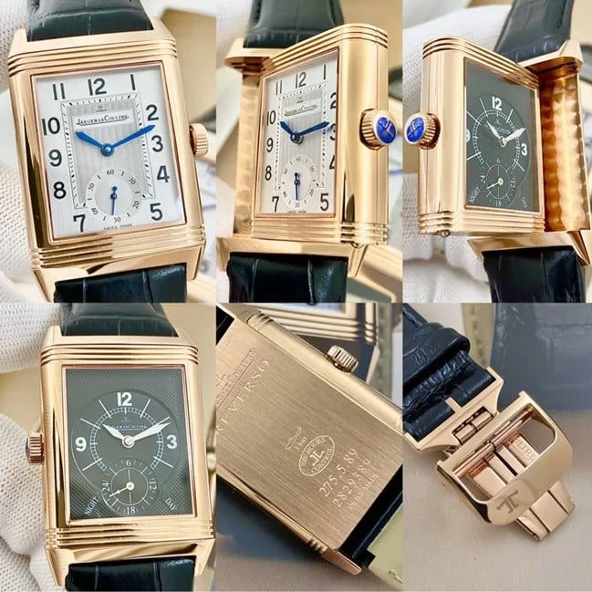 Jaeger-LeCoultretop-tier watch men's flip series white dial black belt manual winding watch side view