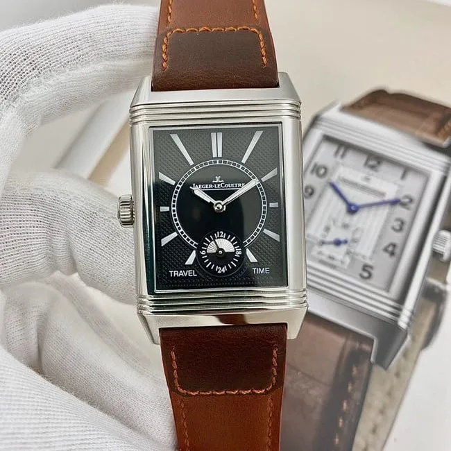 Jaeger-LeCoultretop-tier watch flip series manual winding white dial brown belt watch back cover picture