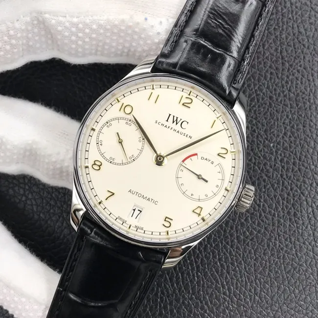 YL factory top-tier watch IWC men's white dial black belt Portuguese seven automatic movementleather strap watch movement picture