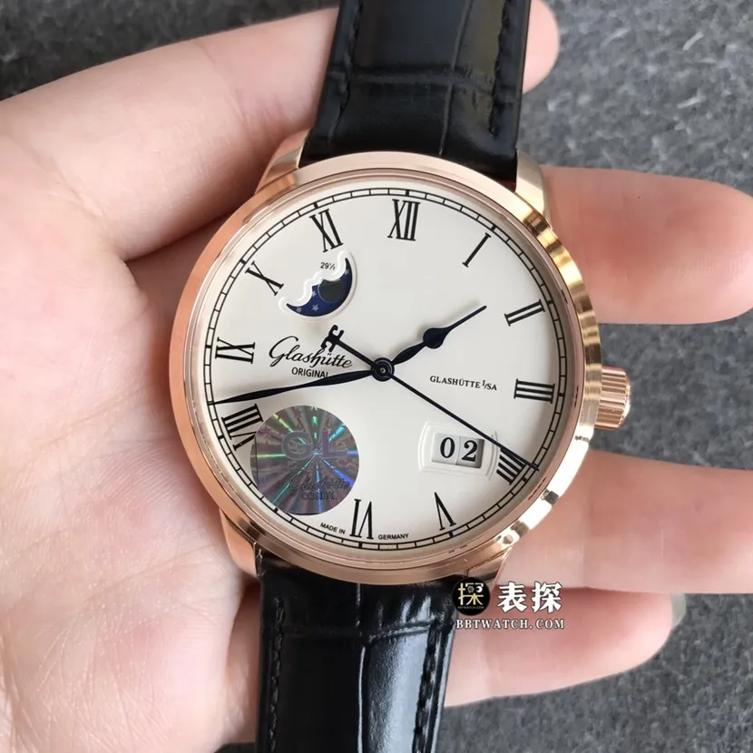 GL factory Glashütte Original MP watch men's white dialmoon phaserose goldleather strap picture and price clasplive photos