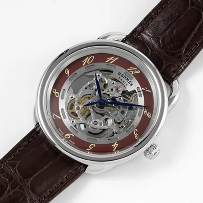 top-tier watch Hermès men's gray plate brown belt automatic movementleather strap watch side view