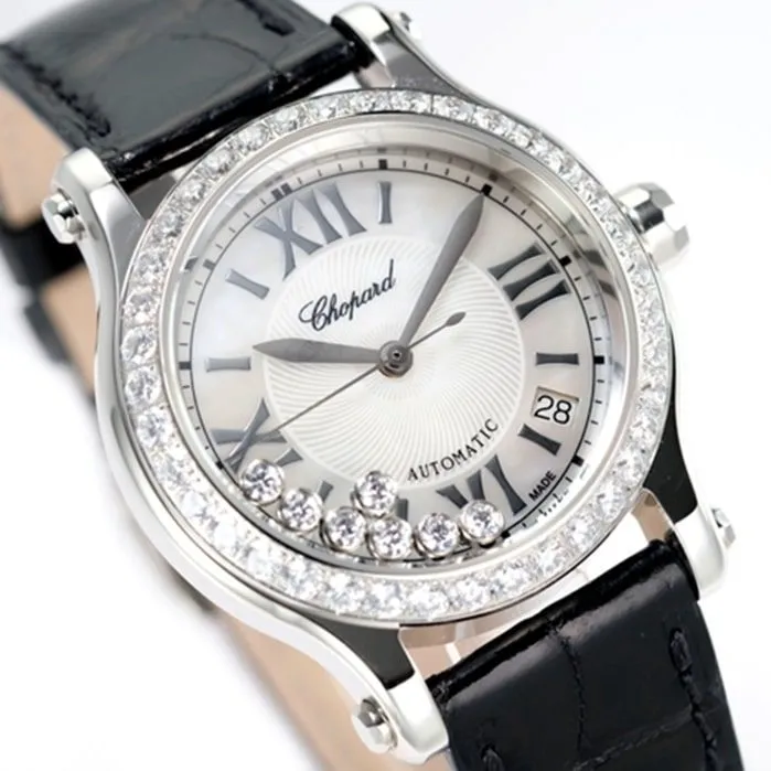 top-tier watch Chopard women's white dial black belt Happy Diamonds series watch side view