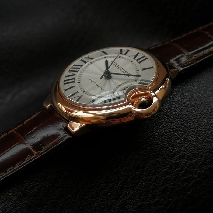 top-tier watch Cartier men's white dial blue balloon series c series leather strap watch front view