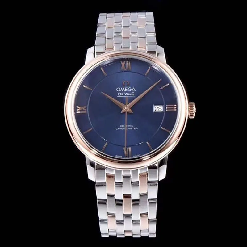 replicaOmega watch De Ville series men's mechanical ultra-thin watch rose goldsteel bracelet blue face detail shots