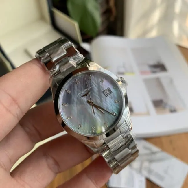 Longines Compaq series white steel blue background diamond ladies quartz watch 8mm ultra-thin design movement picture