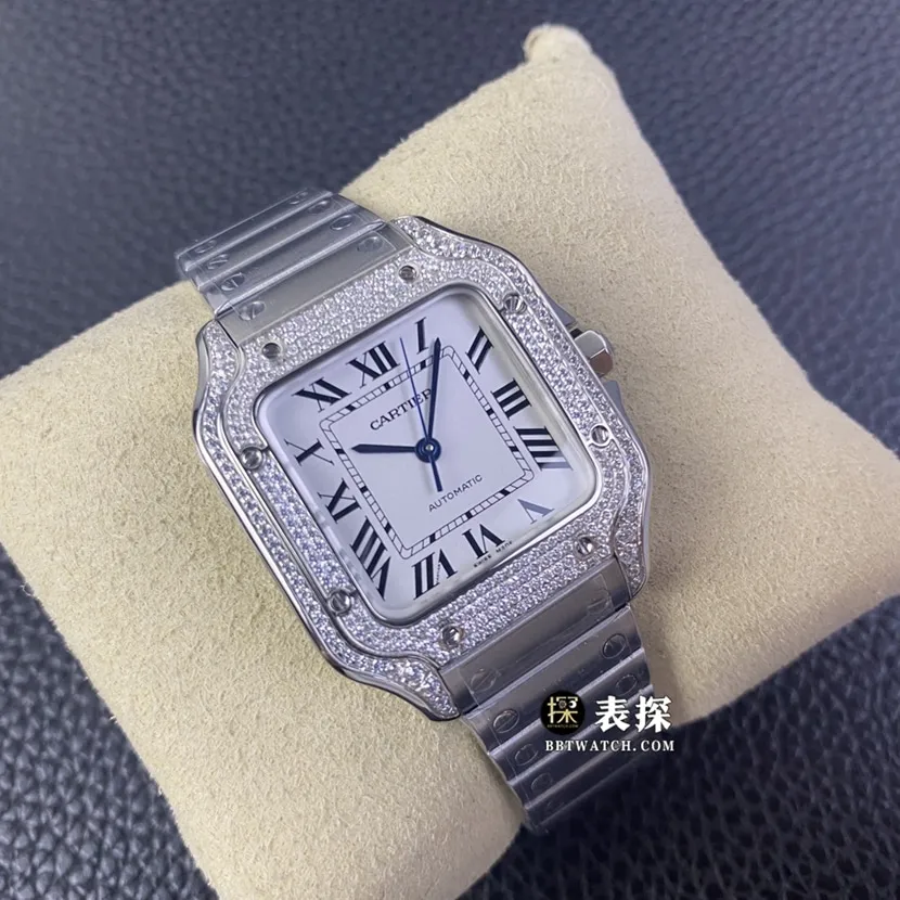 A8 factory Cartier Santos top-tier watch men's white dial diamond steel bracelet model pictures and prices caseback live photo