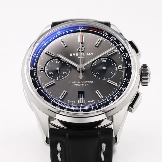 GF FactoryBreitlingtop-tier watch v2 upgraded version automatic movement men's black dial black leather strap watch front view
