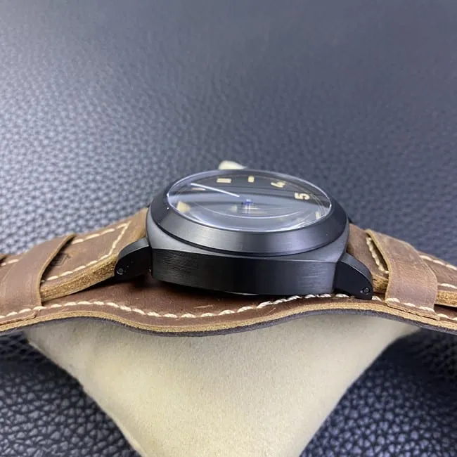HW F factory Paneraitop-tier watch men's black dial brown belt manual winding mechanical leather strap front view