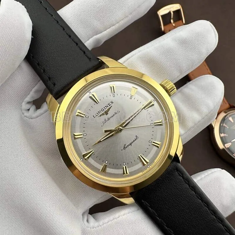 AF FactoryLongines Concast stop-tier silver white dialyellow goldleather strap model front live photo