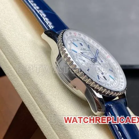 collectible watch BLS factory aviation chronographBreitling silver white dial blue leather strap model clasplive photos