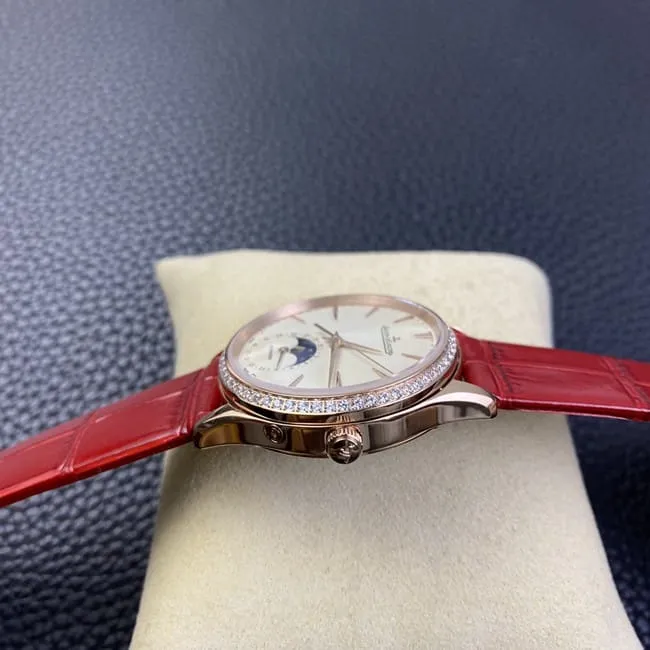 Jaeger-LeCoultretop-tier watch ladies white dial red dot moon phase master automatic movementleather strap front view