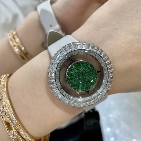 top-tier Jack Bao watch green dial white leather strap ladies quartz front view
