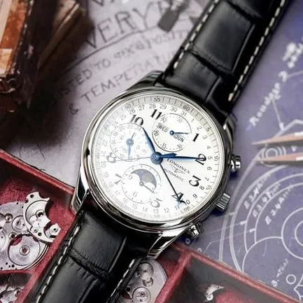 KL factory top-tier watch Longines men's white dial black belt famous craftsman moon phase series automatic movementleather strap watch front view