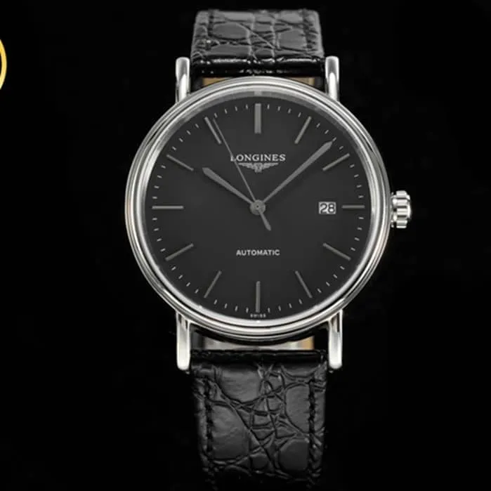 Top-tier watch Longines men's black dial black belt magnificent series watch side view