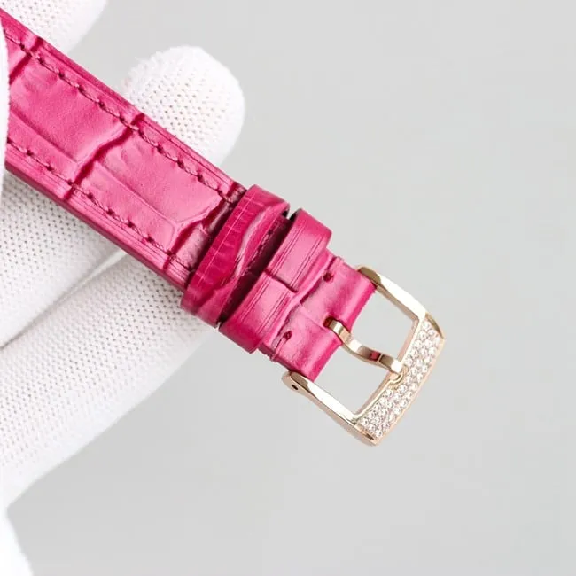top-tier replicaChopardsuper clonechopard Happy Sport series ladies pink plate pink belt automatic movementleather strap watch front view