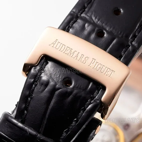 APS factory Audemars PiguetRoyal Oak1:1super cloneblack dialrose goldleather strap model 15510OR.OO.D002CR.02front live photo