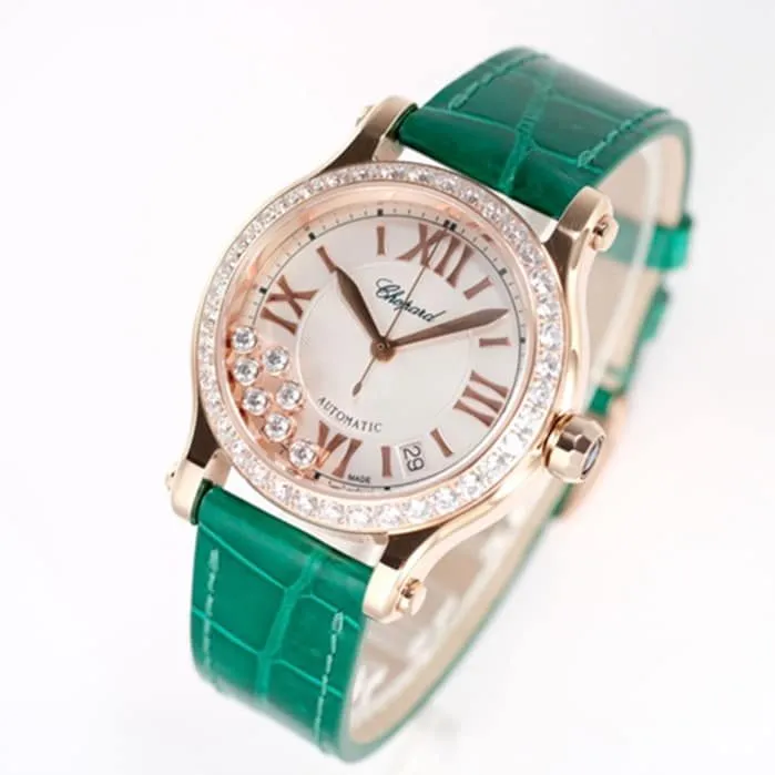 top-tier watch Chopard women's white dial green strap happy diamond series mechanical leather strap watch side view