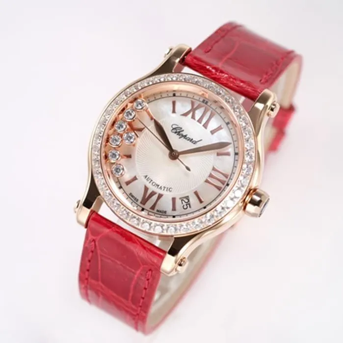 top-tier watch Breitling women's white dial red band happy diamond series mechanical watch movement picture
