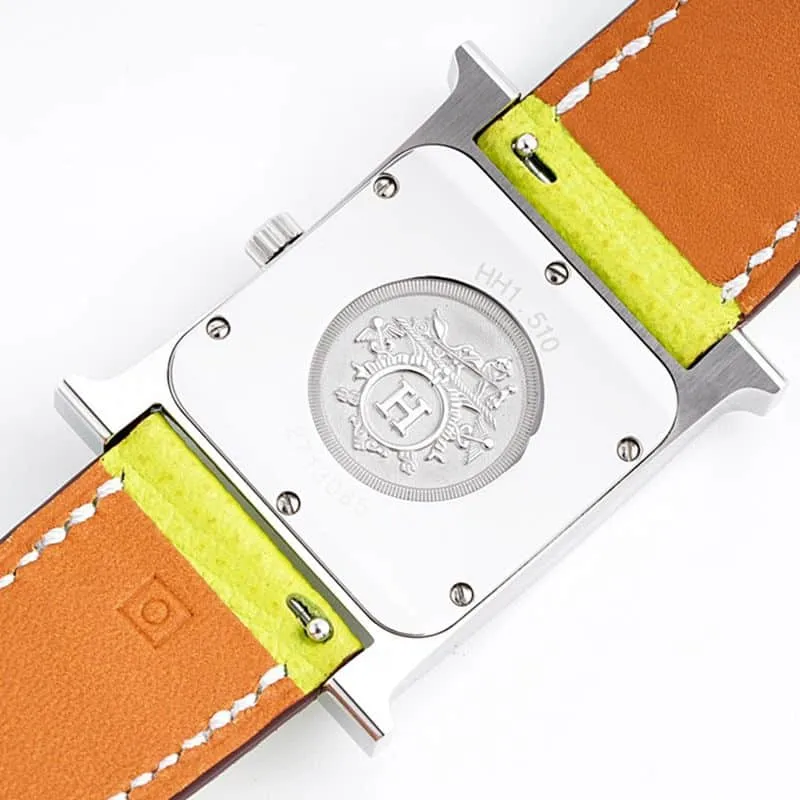 top-tier Hermès ladies' watchHeureH series quartz square fashion watch light yellow braceletwhite dial side view