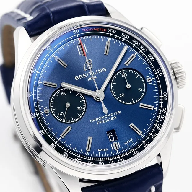 GF Factorytop-tier watch new century men's blue dial blue belt Puya B01chronograph mechanical leather strap watch side view