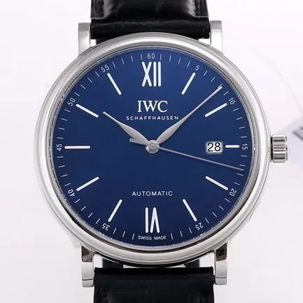 V7 factory top-tier replicaIWC high-quality watch men's blue dial black belt wave Fino series automatic movementleather strap watch clasp picture
