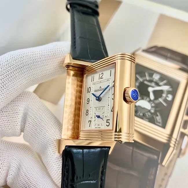 top-tier watch Jaeger-LeCoultre men's white dial flip series black belt manual winding watch front view