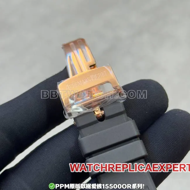 PPM Factory Top Audemars Piguet Royal Oak Black Dial Rose Gold Rubber Strap 15500 Real Back Shot Photos