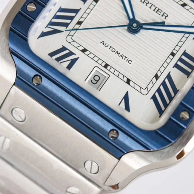 Side view of Cartier's new GF Santos white steel rubber strap men's watch