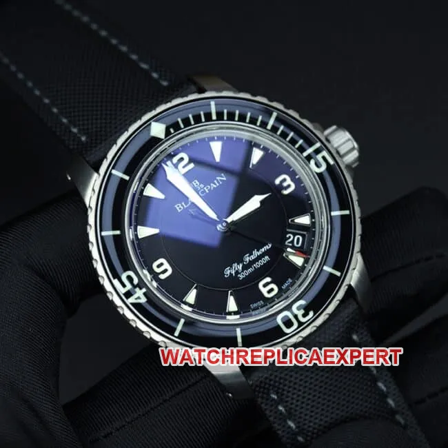 ZF FactoryBlancpain watch fifty fathoms top-tier men's black dial nylon strap mechanical movement side view