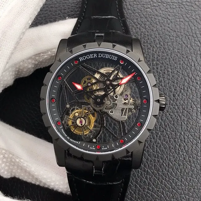 BBR factory top-tier watch Roger Dubuis manual winding tourbillon men's black dialleather strap watch movement picture