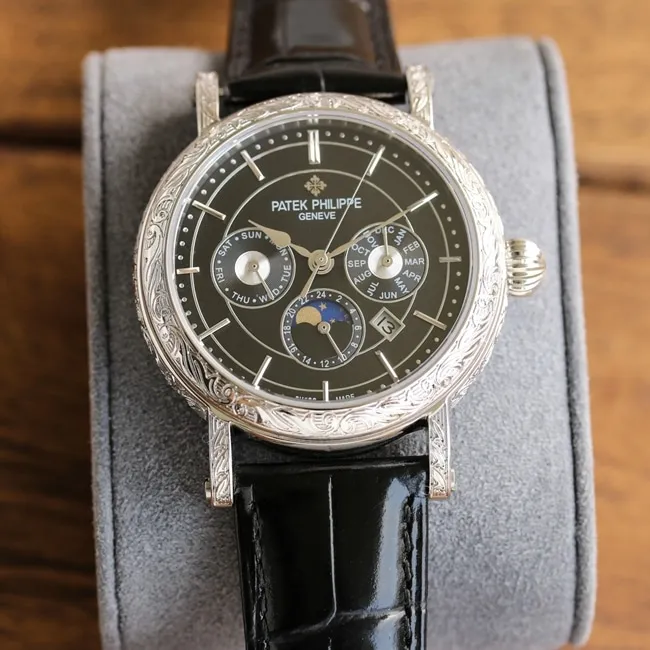 Patek Philippetop-tier watch men's white dial black belt hand-engraved mechanical leather strap 42mm watch side view