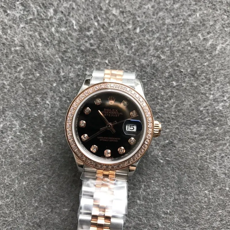 Rolex Datejust women's watch, 28mm, mechanical bezel with diamonds, rose gold case, black dial, front view