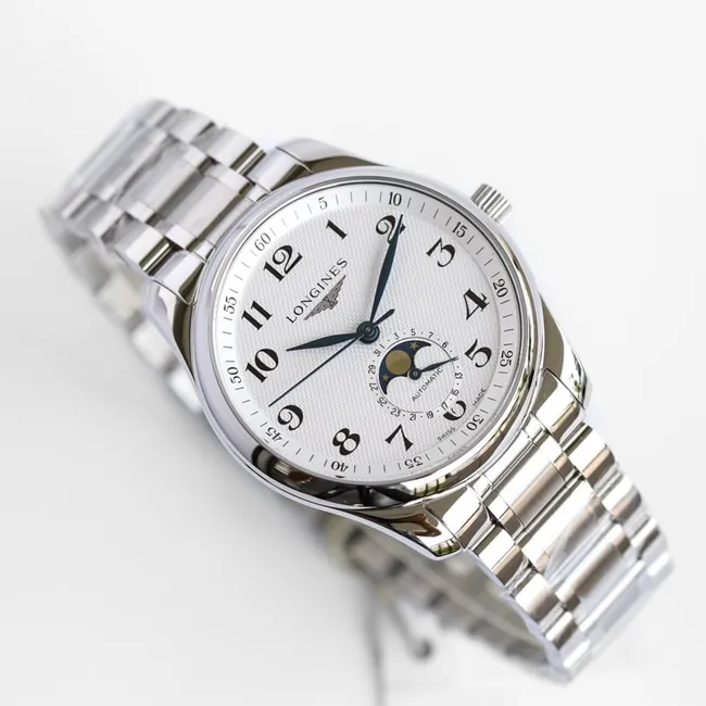 GF Factory Top collectible watches Longines Men's White Plate Steel Strap Masterpiece Series Moon Phase 42mm Mechanical Watch Front View