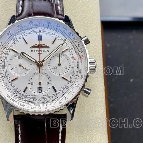1:1replica watch BLS factory aviation chronographBreitling silver white dial brown leather strap caseback live photo
