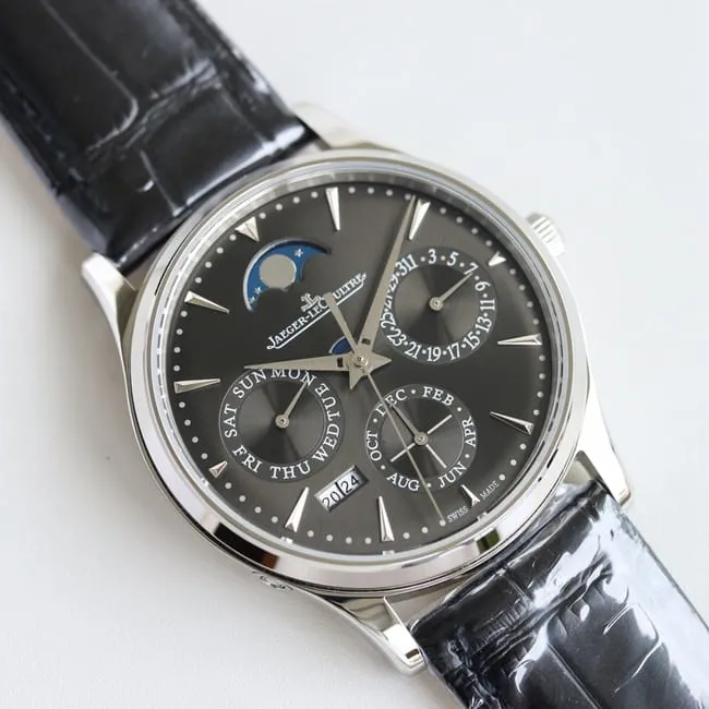 TW factory Jaeger-LeCoultre perpetual calendar top-tier watch men's black dial black belt master series fully automatic movementleather strap watch clasp picture