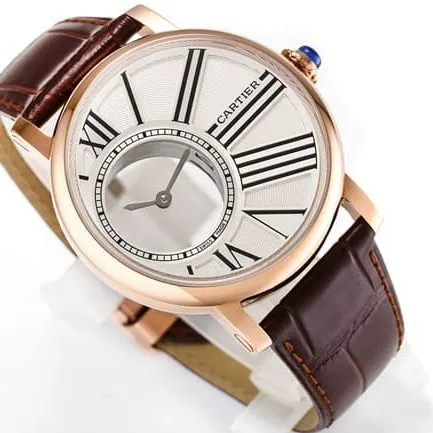 top-tier watch Cartier men's white dial brown belt fully automatic movementleather strap watch front view