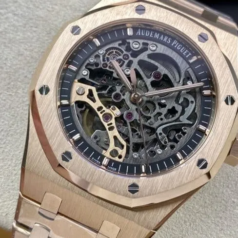 top-tier replicaAudemars Piguet Skeleton Royal Oak Offshore 15407ST.OO.1220ST.01rose goldblack dial men's mechanical watch front view
