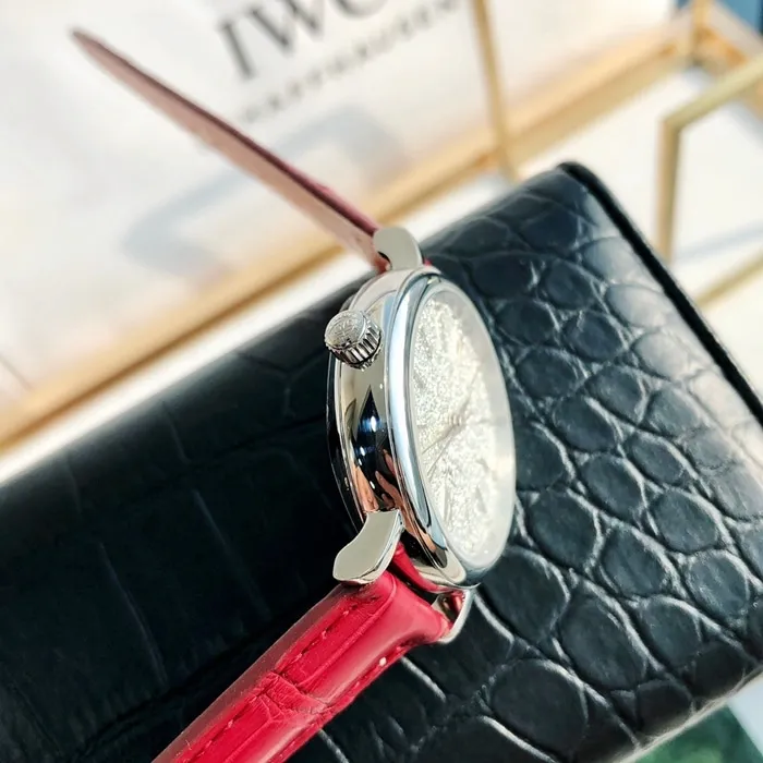 top-tier watch IWC women's white dial Portofino automatic movementleather strap watch front view