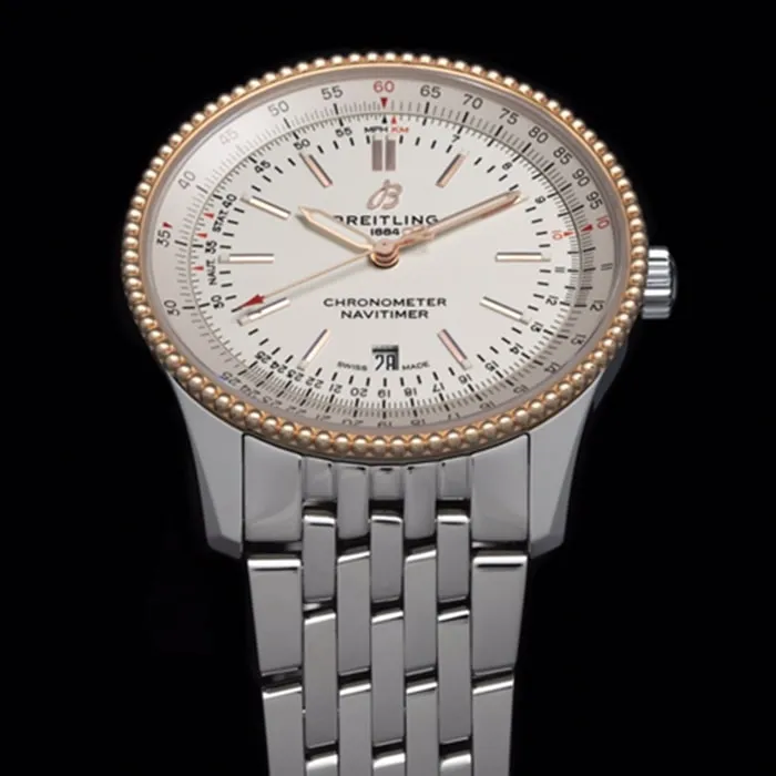 top-tier watch Breitling men's white dial aviation chronograph1 series steel bracelet watch side view