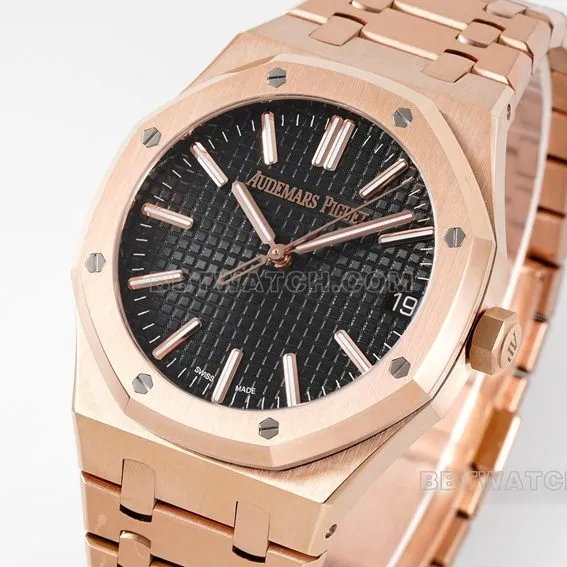 APS factory Audemars PiguetRoyal Oaksuper cloneblack dialrose goldsteel bracelet model 15510OR.OO.1320OR.04front live photo