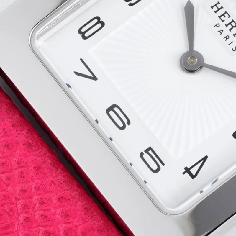top-tiersuper cloneHermès ladies' watchHeureH series quartz square fashion watch pink braceletwhite dial side view