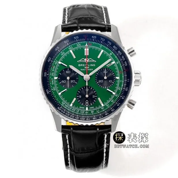 BLS Factory Breitling Men's Aviation Chronograph 1 Faux Watch Deep Green Plate Belt Model AB0137241L1P1