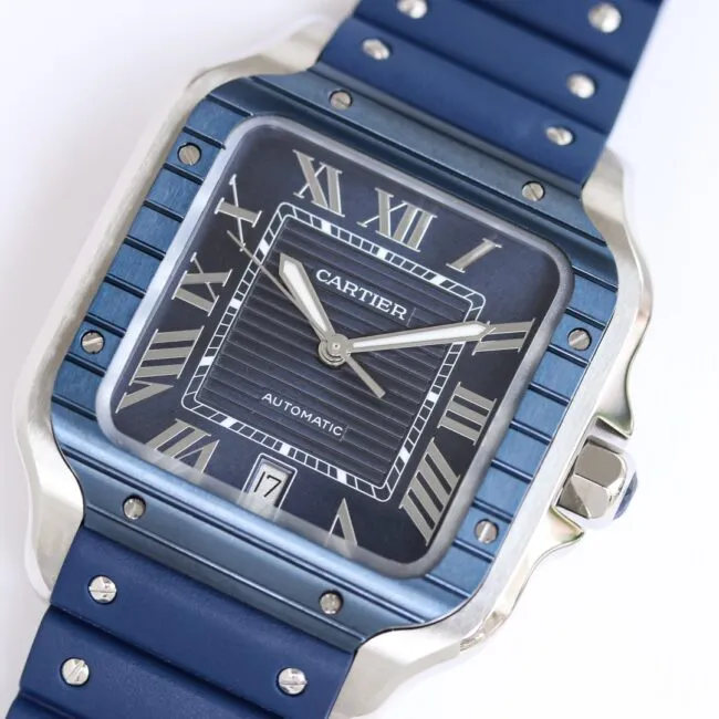 Side view of the new GF Santos rubber strap men's watch from the famous high-quality Cartier