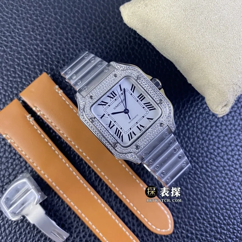 A8 factory Cartier Santos top-tier watch men's white dial diamond steel bracelet model pictures and prices side live photo
