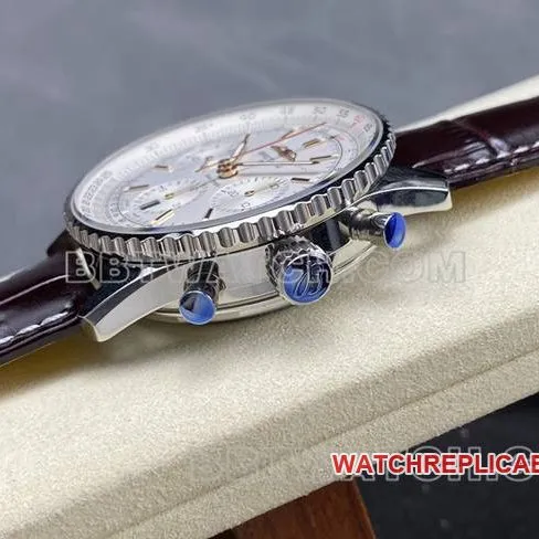 1:1replica watch BLS factory aviation chronographBreitling silver white dial brown leather strap model clasplive photos